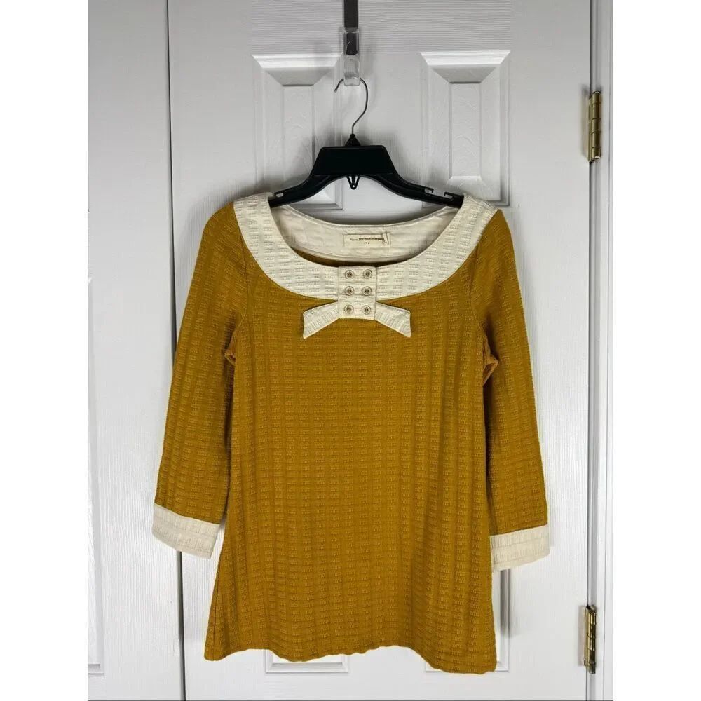Pilcro Anthropologie Mustard Yellow Ribboned Collar Textured Knit Blouse Size M